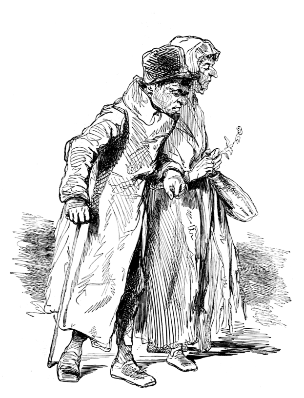 Schwarz-weiß-Foto eines alten Mannes mit Hut und einer Frau, die eine Straße entlanggehen, die Frau hält ein Objekt in der Hand.