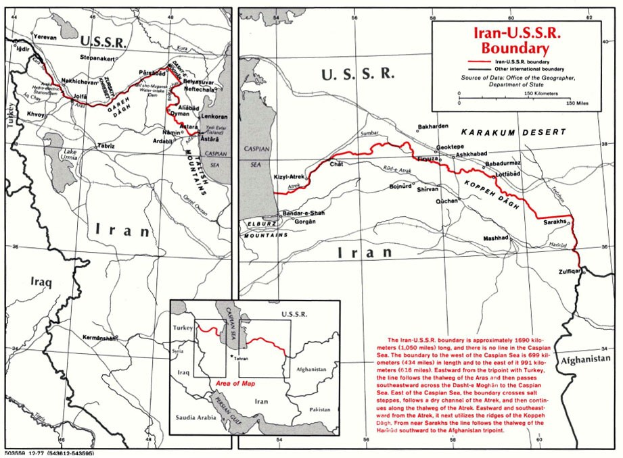 Detailierte Karte der iranisch-sowjetischen Grenze mit geographischen Merkmalen und Grenzinformationen, begleitet von erklärendem Text.