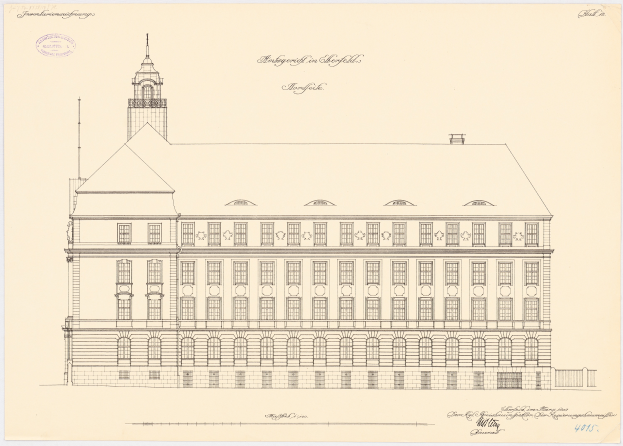 Eine Zeichnung des Hamburger Rathauses in Hamburg, Deutschland, mit einem Uhrenturm und weiteren Details zum Gebäude.