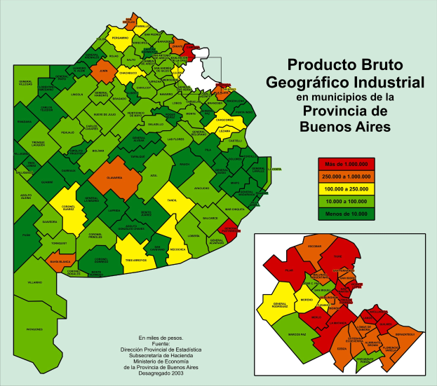 Ein Plakat, das eine Karte der argentinischen Provinzen Buenos Aires mit farbcodierten Industriegebieten und begleitendem Text zeigt.
