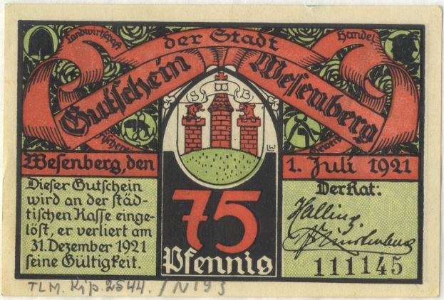 Eine alte deutsche Banknote mit einem Gebäude darauf, mit dem Text "Bundesliga" und einem Logo unten, auf einem weißen Hintergrund.
