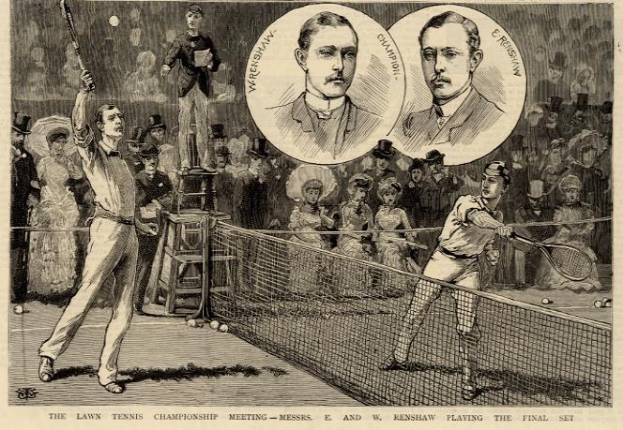 Schwarze und weiße Zeichnung von zwei Männern, die auf einem Platz mit einem Netz Tennis spielen, während eine Gruppe von Menschen im Hintergrund zuschaut; Text unten lautet "The Lawn Tennis Championship Meeting - Messers, E and W Renshaw Playing the Final Set".