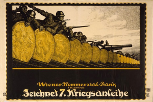 Eine Gruppe von Helmetträgern mit Waffen, mit dem Text "Wiener Kommerzialbank" unten, auf einem deutschen Weltkriegspropagandaplakat für die deutsche Armee.