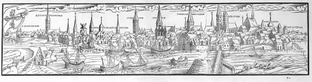 Eine Schwarz-Weiß-Zeichnung von Hamburg, Deutschland, die eine Stadtlandschaft mit Booten im Wasser zeigt, begleitet von beschreibendem Text.