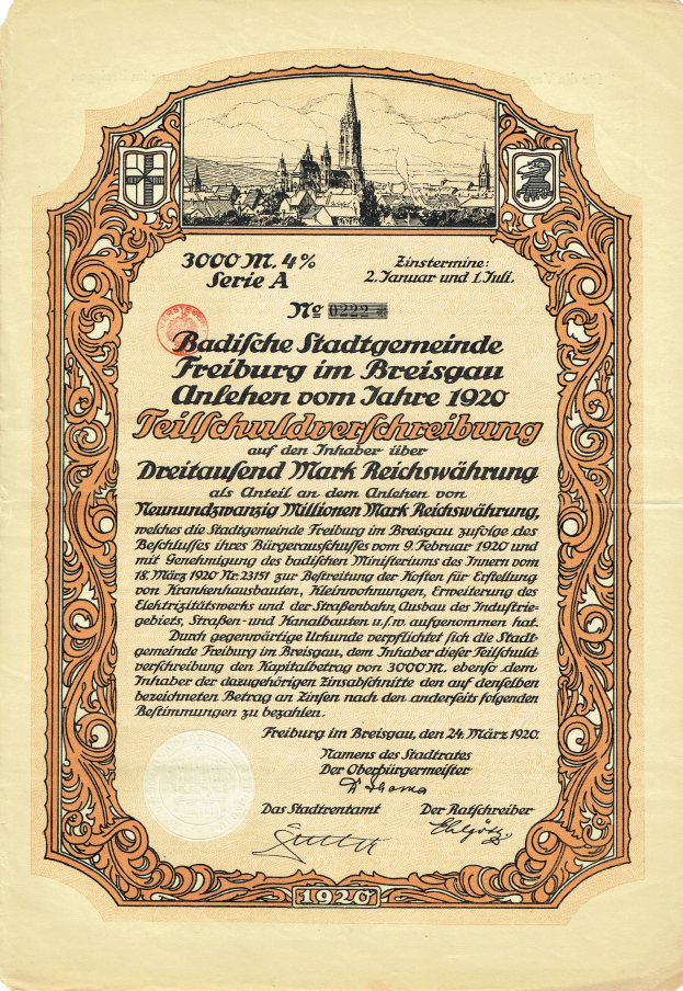 Altes deutsches Wertpapier mit einer Stadtansicht und Text, der seinen Ursprung angibt.