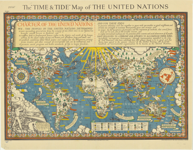 Ein Plakat mit einer Karte der Vereinten Nationen in verschiedenen Blautönen, mit dem Text "Die Zeit und Gezeiten-Karte der Nationen" in fetter schwarzer Schrift oben, eingerahmt von einem weißen Rand.