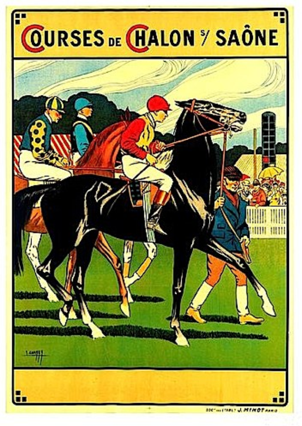 Plakat, das ein Pferderennen mit Jockeys auf Pferden zeigt, umgeben von einer Menge hinter einem Zaun, mit Bäumen und einem bewölkten Himmel, mit Text über die Rennstrecken.