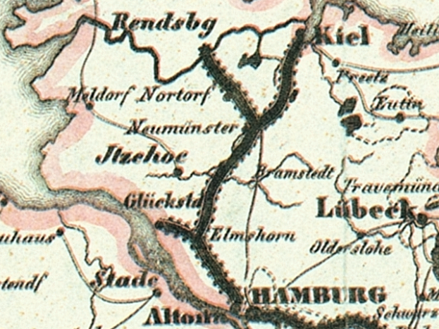 Ein detailliertes altes Stadtplan von Hamburg, Deutschland, der Straßen, Gebäude, Sehenswürdigkeiten, Straßen, Flüsse und Berge mit Text in einer klassischen Schriftart zeigt.