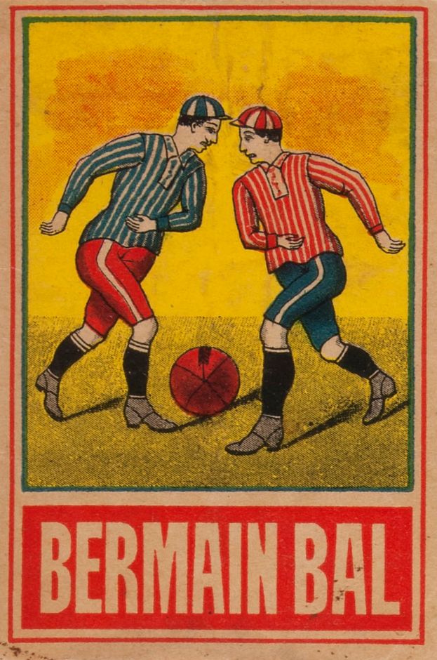 Ein Plakat, das zwei Männer beim Fußballspielen auf einem Feld mit einem Ball in der Mitte zeigt, und der Text "Fußball" unten.