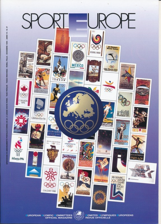 Buchumschlag mit dem Titel "Sport in Europa" in leuchtenden Farben und detailreichen Designs, der Olympische Symbole und verwandte Bilder zeigt.