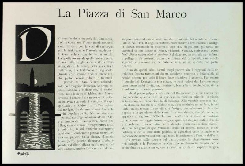 Ein Blatt mit Text in einer klassischen Schriftart und einer Illustration des Markusplatzes in Venedig, das die Pracht und Geschichte der Stadt in leuchtenden Farben und detailreichen Details hervorhebt.