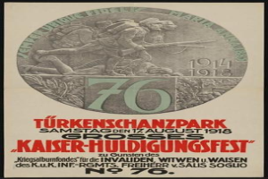 Plakat zum 70. Jubiläum des Kaiser-Huldigungsfestes in Berlin, Deutschland, mit einer Gruppe von Menschen in der Mitte, umgeben von Text und Zahlen und in einem klassischen Rahmen.