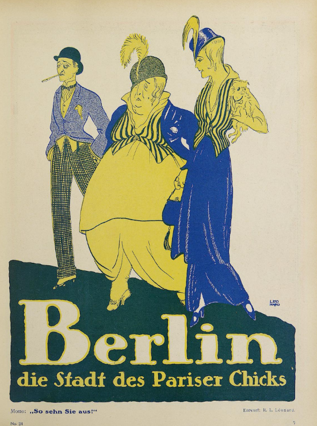 Ein Plakat für ein Konzert in Berlin, Deutschland, mit einer Gruppe farbenfroher Menschen vor einem Gebäude und dem Text "Berlin - Die Stadt des Pariser Chicks" öber