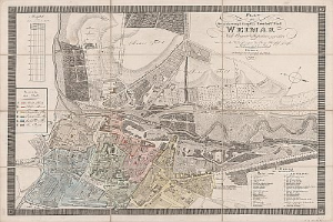 Ein detaillierter alter Stadtplan von Weimar, Deutschland, der Straßen, Gebäude und Sehenswürdigkeiten zeigt, mit zusätzlichem Text über die Bevölkerung und Merkmale der Stadt.