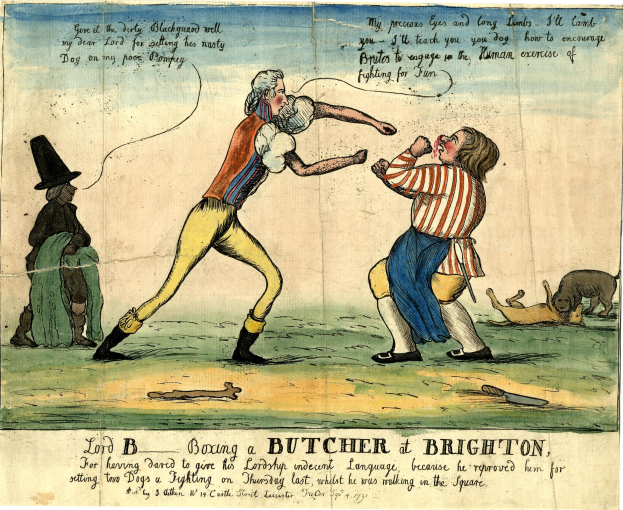Eine Zeichnung auf Papier, die zwei Personen in einer körperlichen Auseinandersetzung zeigt, wobei eine Person ein Messer wirft, ein Hund in der Nähe steht und ein Text die Worte "Boxing a Butcher at Brighton" zeigt.