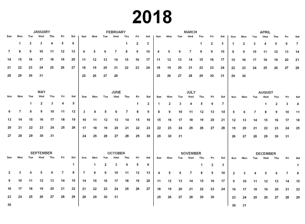 Ein Schwarz-Weiß-Kalender für 2018, der die Feiertage der USA anzeigt, mit den Daten nach Wochen geordnet und den Feiertagen in fetter schwarzer Schrift auf einem weißen Hintergrund.