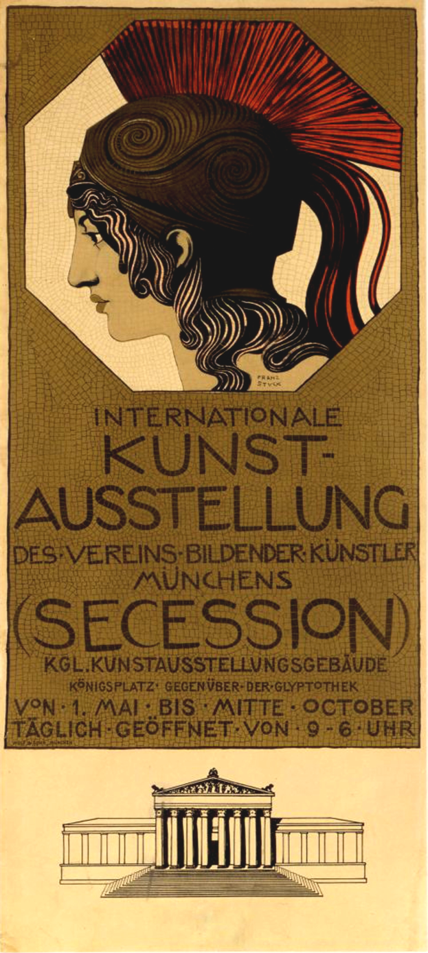 Plakat für die Internationale Kunstausstellung in München, Deutschland, mit einer Frau mit einem menschlichen Gesicht in der Mitte und Text mit Veranstaltungshinweisen.