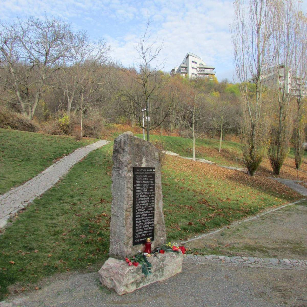 Ein Denkmal in einem Park mit einer Tafel, auf der "Gedenken an die Opfer der Tschernobyl-Katastrophe" steht, umgeben von Gras, trockenen Blättern, einem Weg, Bäumen, Pflanzen, einem Laternenpfahl, Gebäuden und einem bewölktem Himmel.