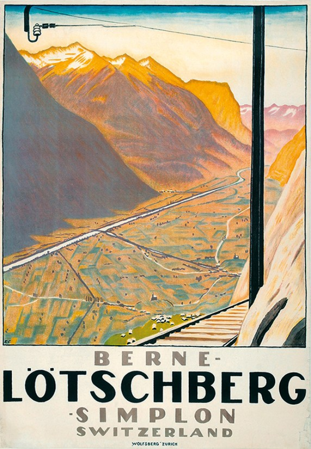 Schweizer Alpenzug-Plakat von Bern nach Lötschberg, das eine Landschaft mit Hügeln, gewundenen Straßen und einem hellblauen Himmel mit der Aufschrift "Bern Lötschberg - Simplon Schweiz" zeigt.