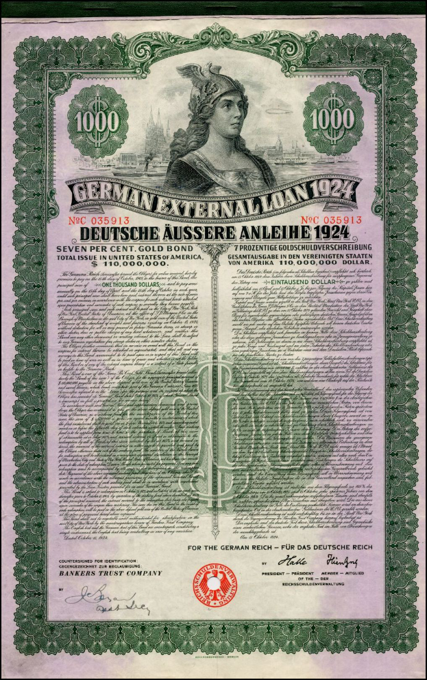 Eine 1924er deutsche Auslandsanleihe-Banknote mit einem Porträt einer Frau, mit Text und Zahlen, die ihren Nennwert angeben.