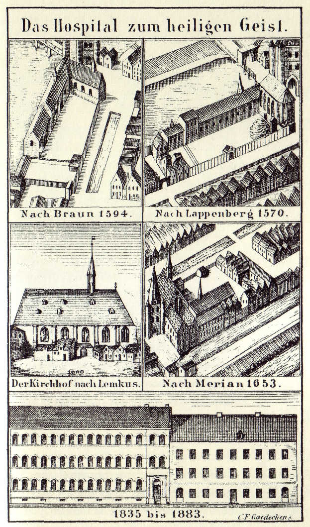 Eine detaillierte Plakatillustration eines deutschen Krankenhauskomplexes mit beschrifteten Gebäuden, Fenstern, Türen und Balkonen, begleitet von Text, der seine Größe, Lage und Merkmale beschreibt.