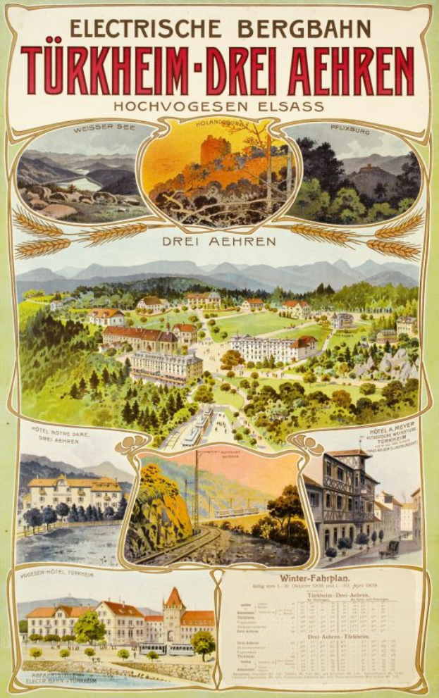 Plakat für die Elektrostadt Bergbahn, Deutschland, mit Bildern von Gebäuden, Bäumen, Hügeln und beschreibendem Text.
