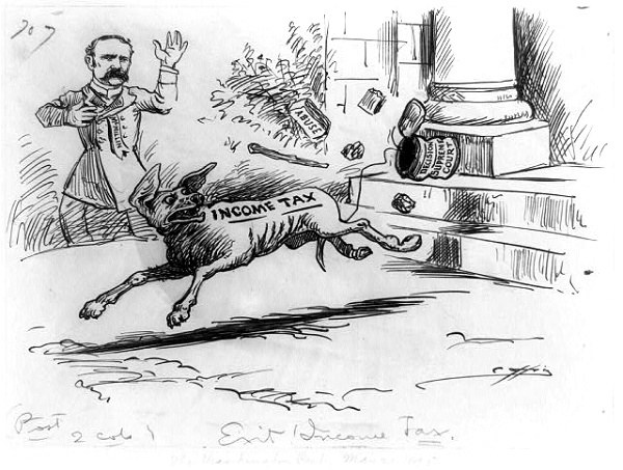 Cartoon eines Mannes, der vor einem Hund wegrennt, der mit 'Einkommensteuer' beschriftet ist, mit verstreuten Objekten im Hintergrund.