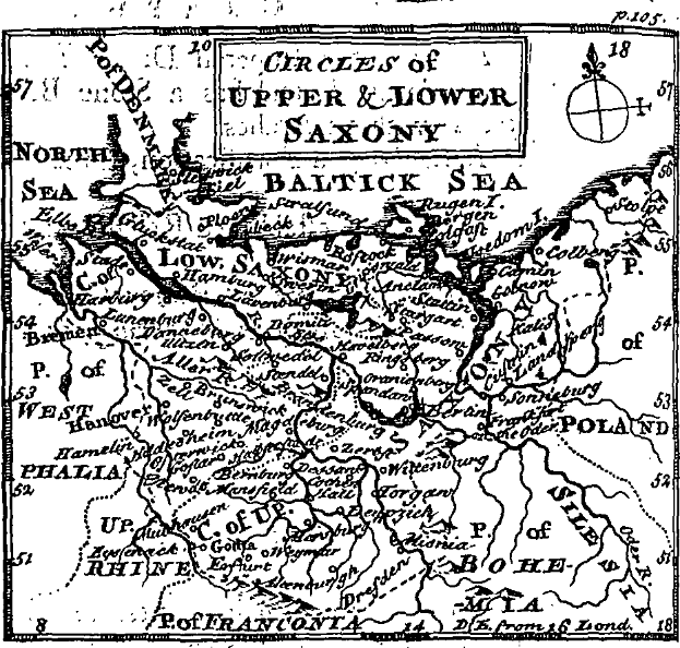 Eine detaillierte Schwarz-Weiß-Karte von Ober- und Niedersachsen, die geographische Merkmale wie Flüsse, Berge und Städte zeigt, mit informativem Text darauf.
