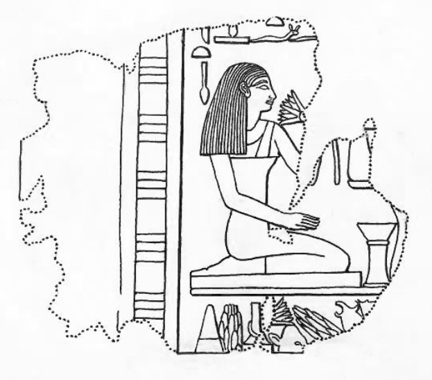 Eine ägyptische Frau sitzt auf einem Thron, trägt eine traditionelle Kopfbedeckung und Schmuck und hat ihre Hände gefaltet und die Augen geschlossen, strahlt eine friedliche Ausstrahlung aus.