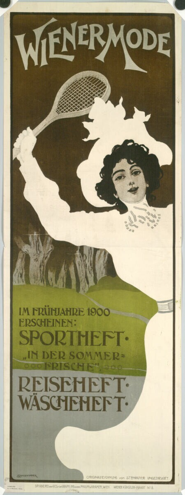 Ein Plakat aus den 1920er Jahren, das ein Tennisturnier bewirbt und eine Frau mit einem Schläger zeigt.