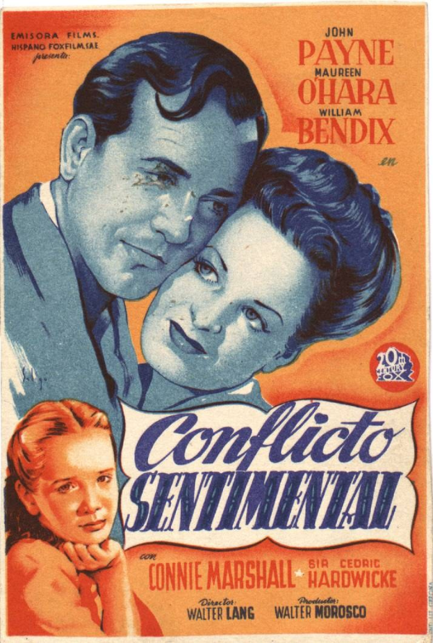 Filmplakat für 'Conflicto Sentimental', das einen Mann in einem schwarzen Anzug und einem weißen Hemd und eine Frau in einem smaragdgrünen Kleid zeigt, die nebeneinander vor einem tiefblauen Hintergrund mit Sternen stehen.