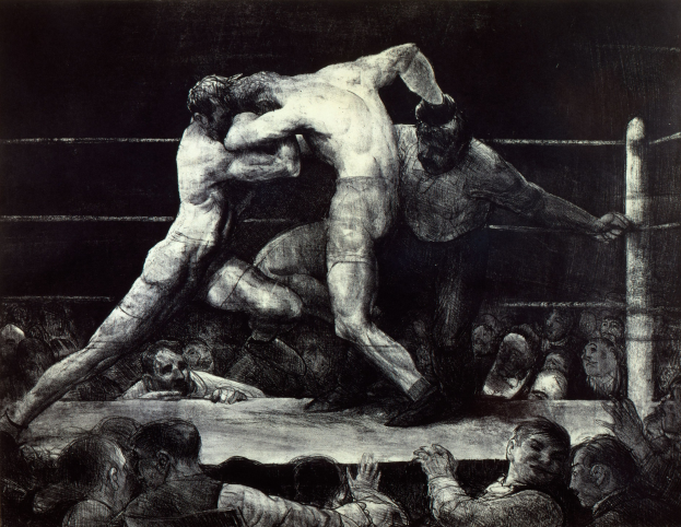 Schwarze und weiße Zeichnung von zwei Boxern im Ring, die von einer jubelnden Menge umgeben sind.