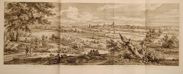 Offenes Buch mit dem Titel 'Ansicht der Schlacht von Castellum und Castellium aus der Illustrated London News' mit einer historischen Schlacht-Szene im Vordergrund, Bäumen, Gebäuden und Wolken im Hintergrund.