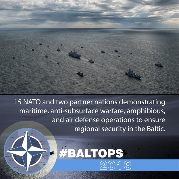 Gruppe von Schiffen auf Wasser mit bewölktem Himmel, Text und Logo unten mit der Aufschrift "15 NATO und zwei Partnerländer demonstrieren maritime, anti-unterwasser-Kriegsführung, amphibische und Luftverteidigung Operationen, um die regionale Sicherheit im Baltikum zu gewährleisten".