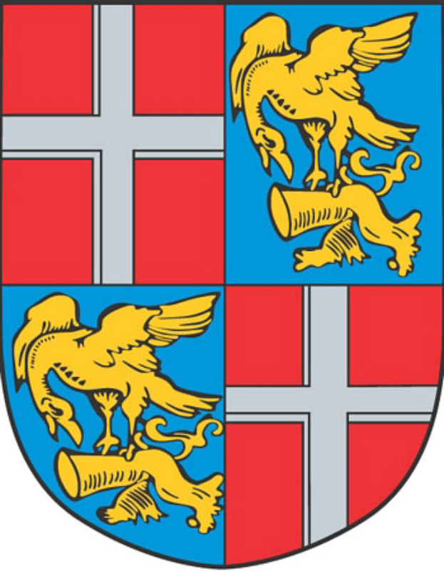 Das Wappen von Stuttgart, Deutschland, zeigt einen Schild, der in rote und blaue Abschnitte unterteilt ist, mit zwei gegenüberliegenden Löwen auf jeder Seite und einem goldenen Kreuz in der Mitte.