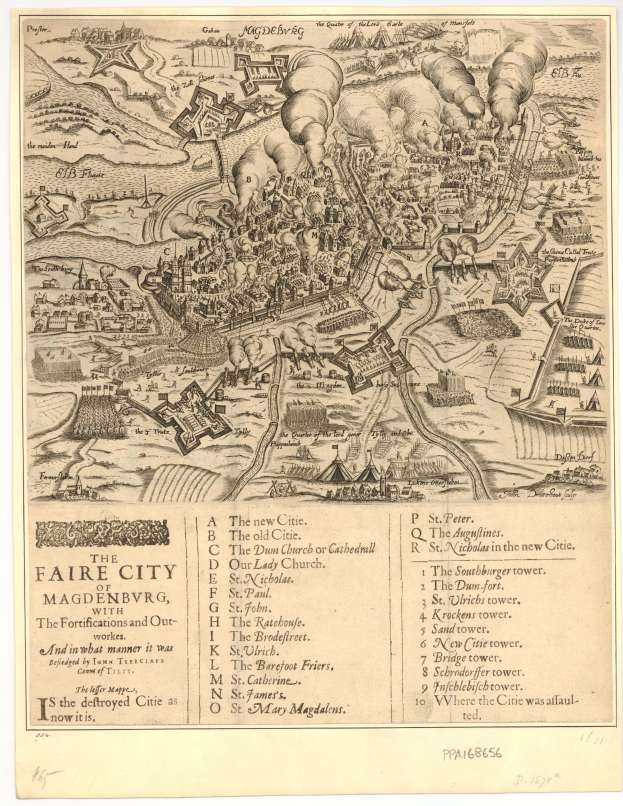 Ein detailliertes altes Stadtplan von Magdeburg, Deutschland, der Straßen, Gebäude, Landmarken und begleitenden Text mit Informationen über die Stadt zeigt.