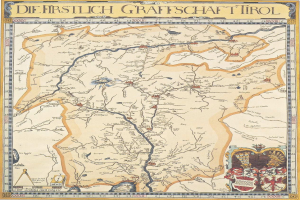 Eine detaillierte Karte des ersten deutschen Grafschaft Tirol mit geographischen Elementen wie Flüssen, Bergen und Städten sowie begleitendem Text und Bildern.