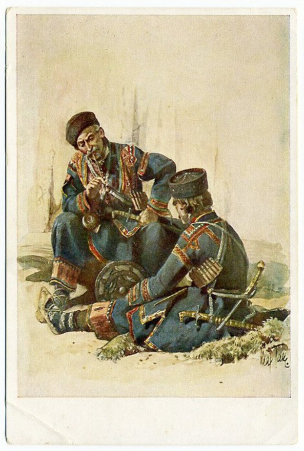 Zwei M├Ąnner in Milit├Ąruniformen sitzen auf dem Boden, einer spielt ein Musikinstrument und der andere h├Ąlt ein Objekt, mit 'Kasachstan' Text unten.