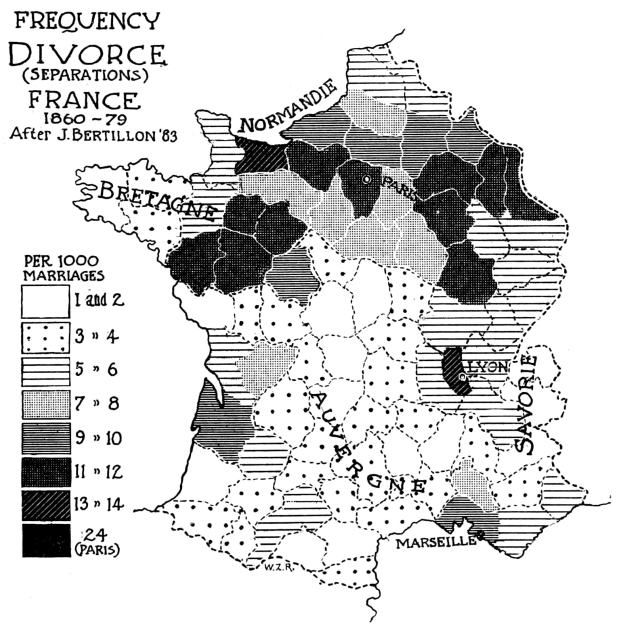 Schwarz-weiß-Karte von Frankreich mit Text und Zahlen, die die Scheidungsfrequenz nach Regionen angeben.