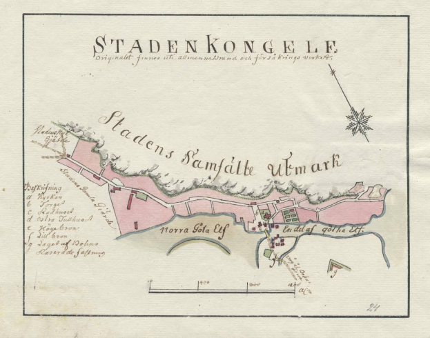 Ein detaillierter Stadtplan von Stadenkongle, Schweden, mit Straßen, Gebäuden und Sehenswürdigkeiten, überlagert mit handgeschriebener Text.