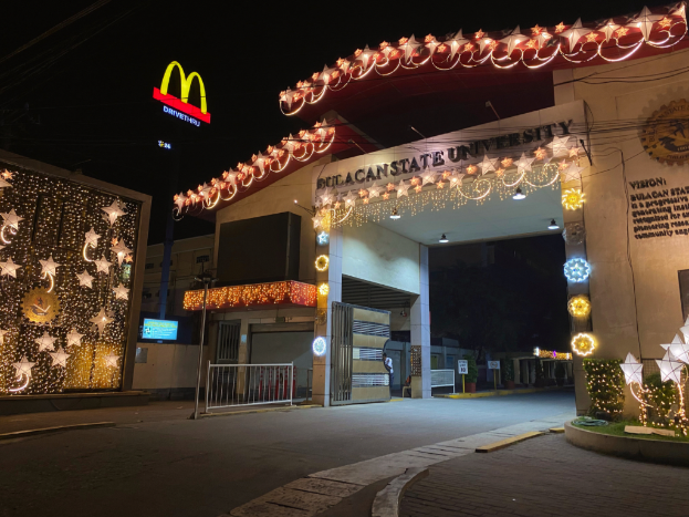 Der Eingang zu einem McDonald's-Restaurant bei Nacht, beleuchtet von festlichen Weihnachtslichtern, mit einem Metallzaun, einem Tor, einem Straßenmast, einem Schild, Pflanzen mit Blumen, einer Gruppe von Bäumen und Drähten, unter einem bewölktem Himmel.