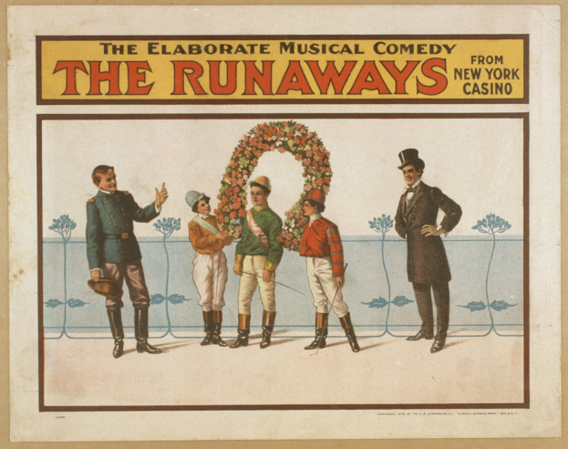 Plakat für die Musical-Comedy "Runaways" aus dem New Yorker Casino, das eine Reihe von Menschen mit einer zentralen Figur zeigt, die einen Blumenstrauß hält und Werbetext.