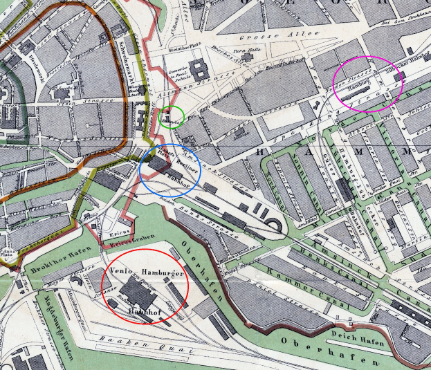 Ein detaillierter alter Stadtplan von Hamburg, Deutschland, der Straßen, Gebäude und Sehenswürdigkeiten mit begleitendem Text zeigt.