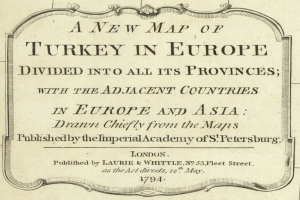 Eine Papierkarte von Türkei, unterteilt in ihre europäischen Provinzen, mit benachbarten europäischen und asiatischen Ländern.