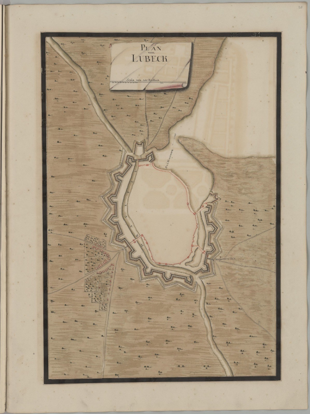 Ein detaillierter Stadtplan der Stadt Lübeck, der auf dem Umschlag eines alten Buches abgedruckt ist und Straßen, Gebäude und Sehenswürdigkeiten zeigt, begleitet von Texten über die Bevölkerung, Geschichte und Kultur der Stadt.