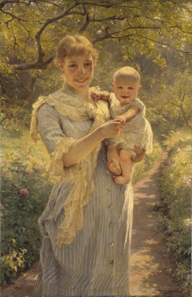 Eine Frau, die glücklich ist und ein Baby hält, umgeben von grünen Pflanzen und bunten Blumen.
