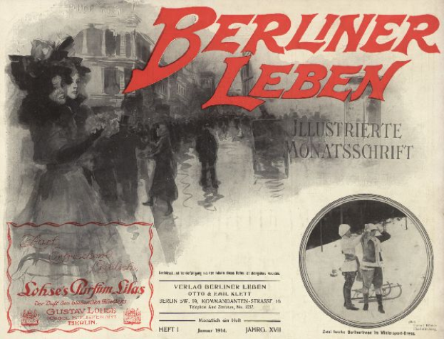 Ein altes Buch namens 'Berliner Leben' mit einem Coverbild einer Gruppe in traditioneller deutscher Kleidung.