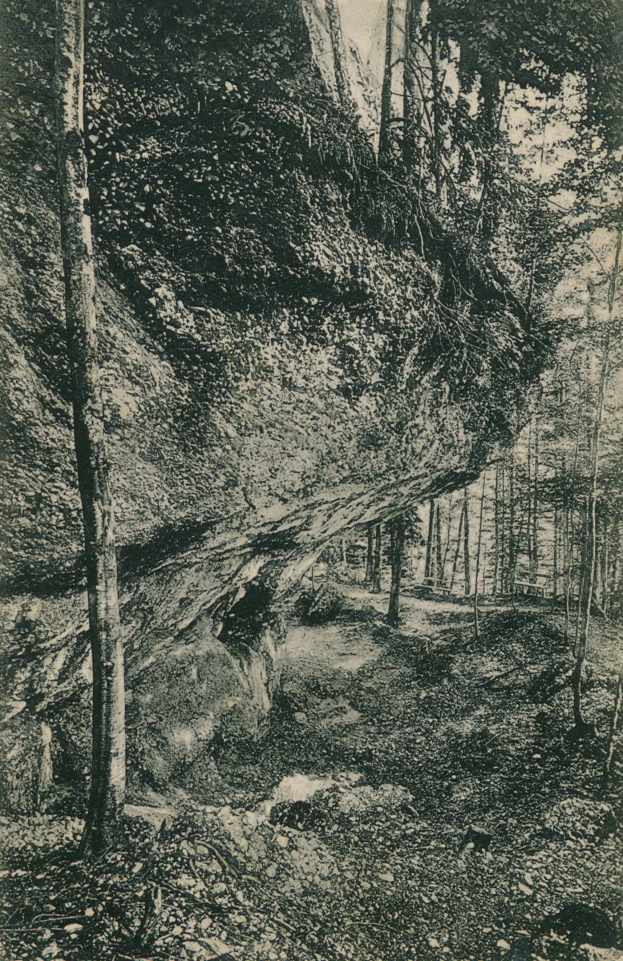 Schwarzes und weißes Foto einer felsigen Klippe, umgeben von Bäumen mit Text unten.