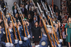 Eine Militärparade mit Soldaten in Mützen und Handschuhen, die vor einer Menge stehen, einige halten Gewehre, im Hintergrund Säulen und eine Pflanze.
