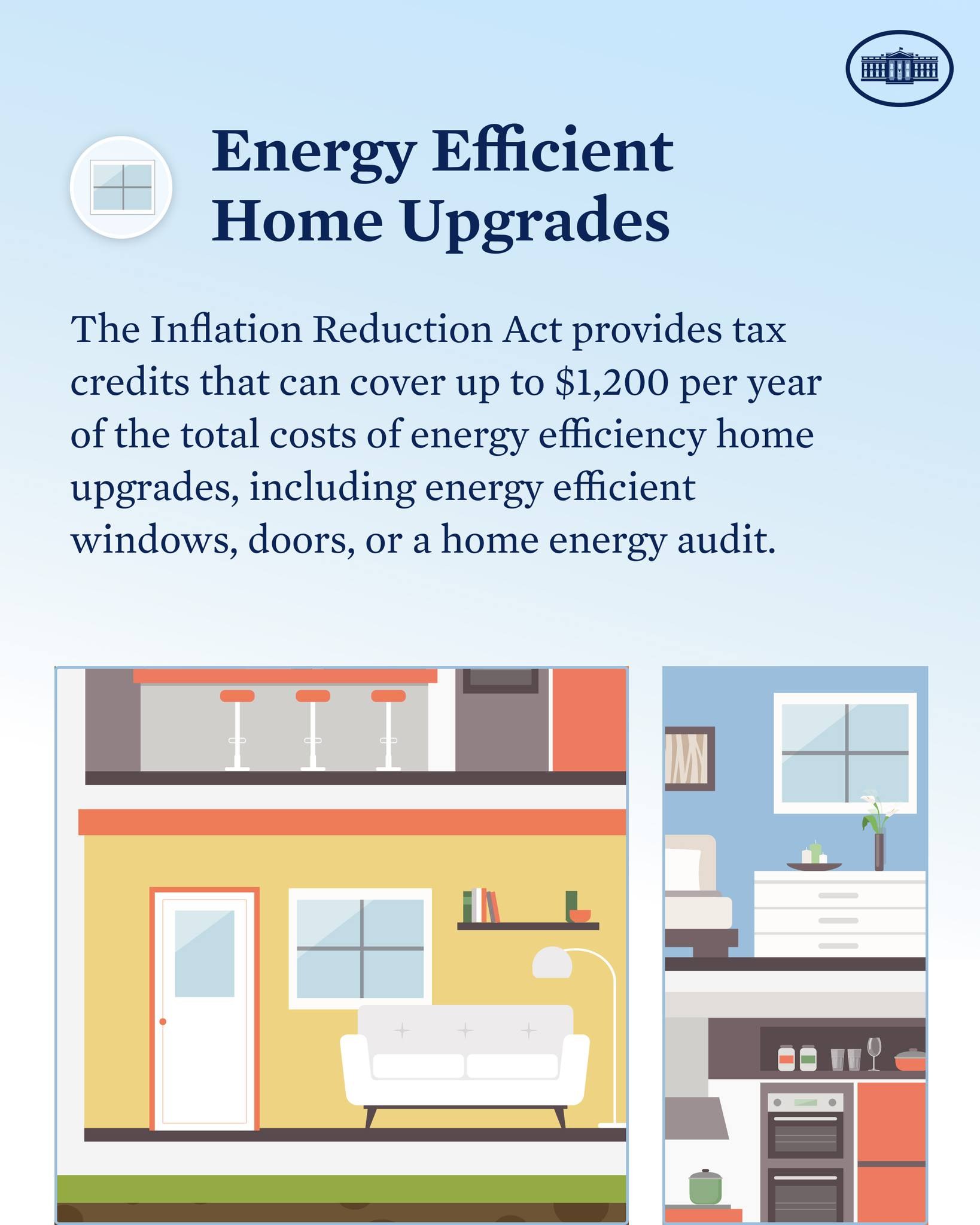 Plakat mit der Überschrift "Energieeffiziente Haussanierungen" mit einer Liste von Steuergutschriften für Haussanierungen wie Fenster, Türen oder Energieaudits, mit Bildern eines Hauses, einer Couch, einer Lampe, eines Schranks und einer Vase.